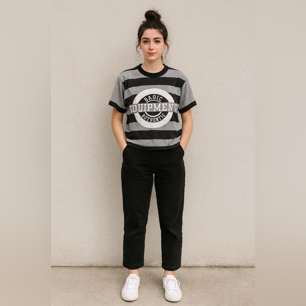 Vintage 90s B.A.S.I.C. Equipment Striped Tee – Single Stitch Made in USA (L)